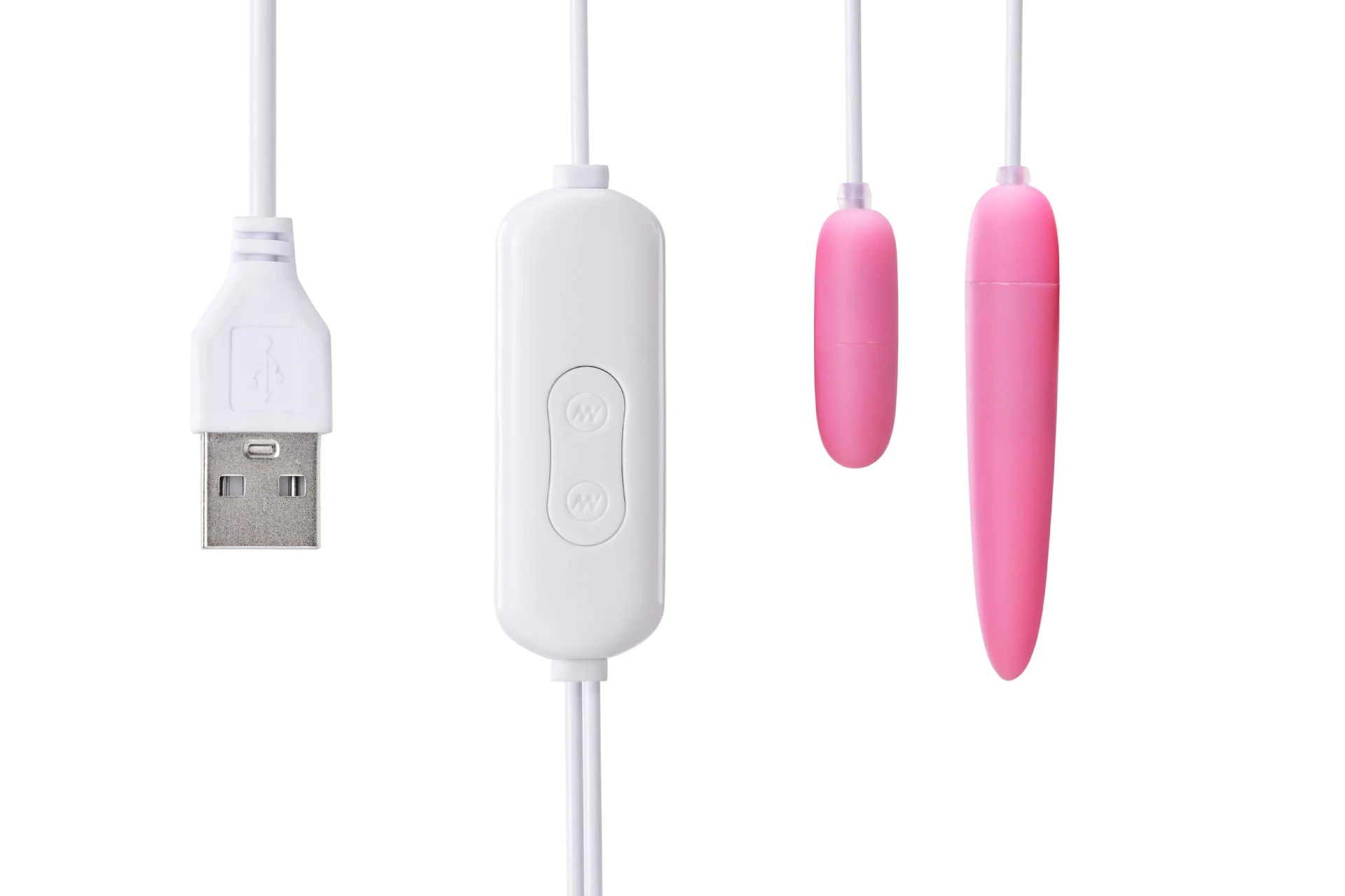 Close-up of the HH wired intimacy device showing the USB plug and ergonomic dual-button inline controller for adjustable intensity.