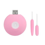 Flat lay studio photography of the complete pink pleasure kit, showing the integrated USB plug and the dual-point silicone attachments for personalized pleasure.