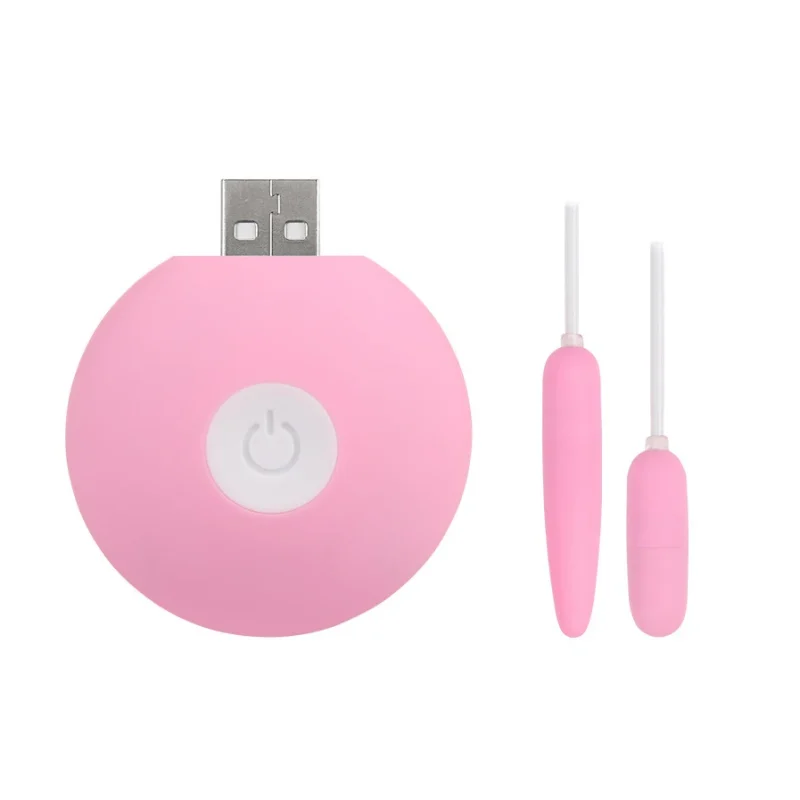 Flat lay studio photography of the complete pink pleasure kit, showing the integrated USB plug and the dual-point silicone attachments for personalized pleasure.