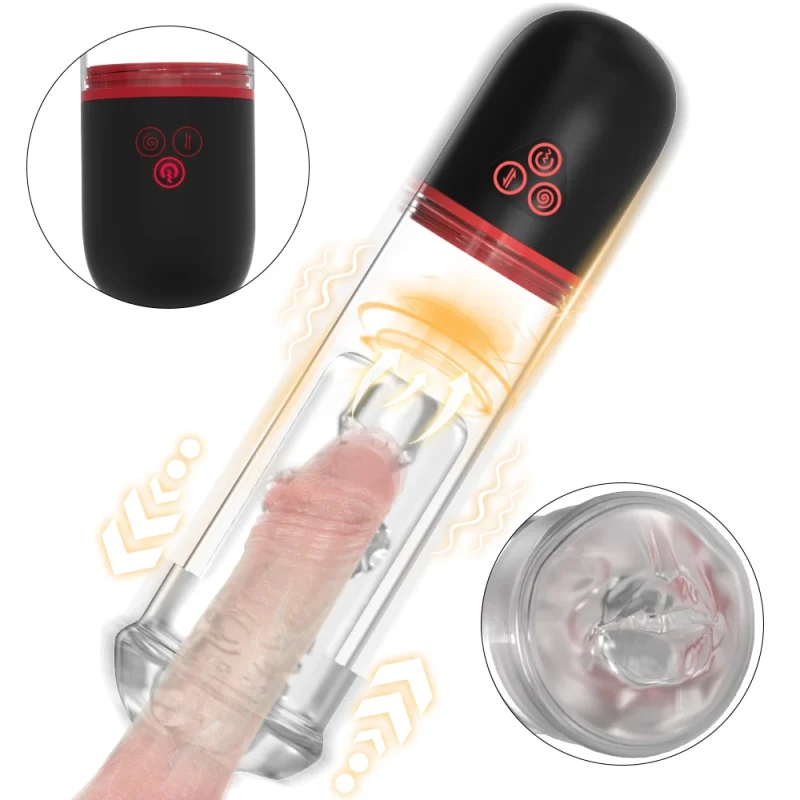 Automatic male masturbator with transparent sleeve and internal suction technology for realistic sensation.