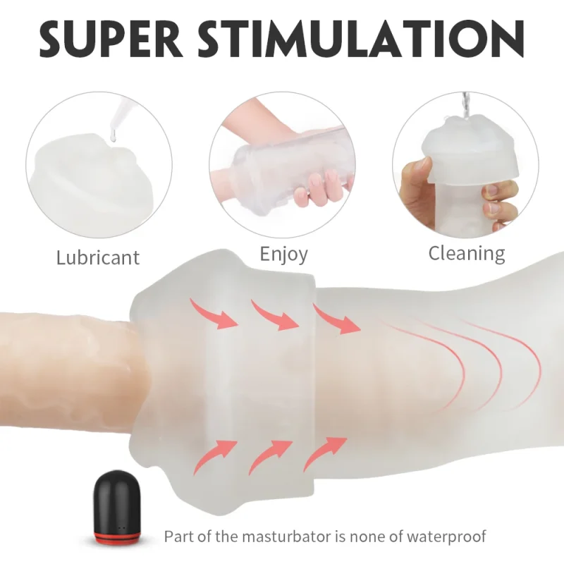 User guide icons for lubricant application, enjoyment, and cleaning the removable soft-touch sleeve.