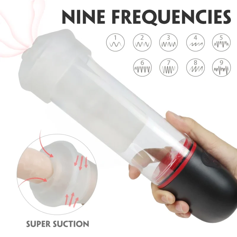 Product feature showcase illustrating the nine vibration frequencies and powerful suction capabilities of the transparent automatic stroker for customized intimate experiences.