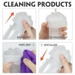 A four-step visual guide demonstrating the easy cleaning process for this pleasure tool, featuring the removable soft silicone sleeve for hygienic maintenance and quick reinstallation.
