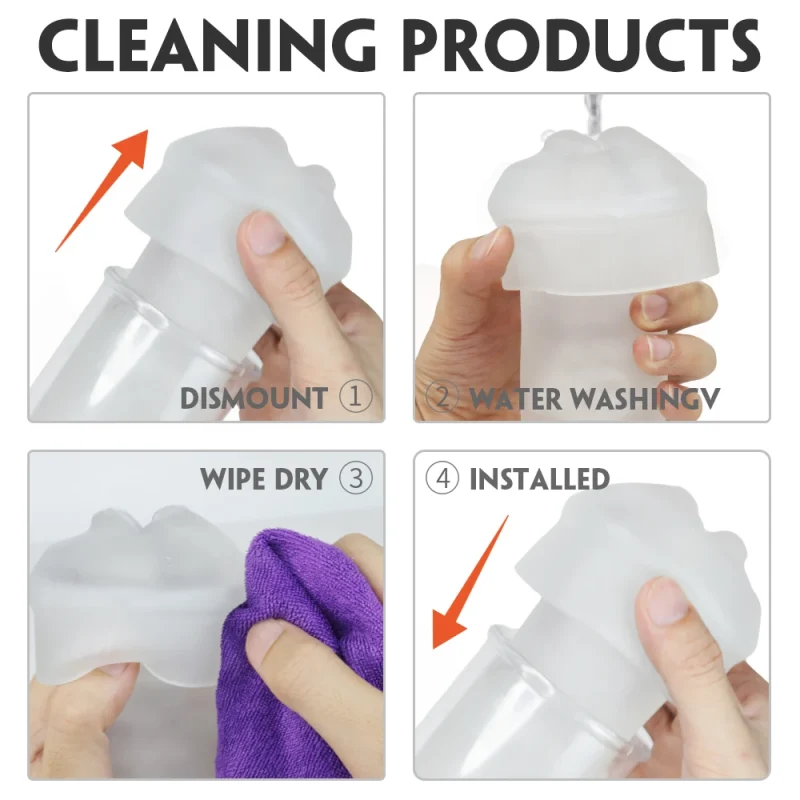 A four-step visual guide demonstrating the easy cleaning process for this pleasure tool, featuring the removable soft silicone sleeve for hygienic maintenance and quick reinstallation.