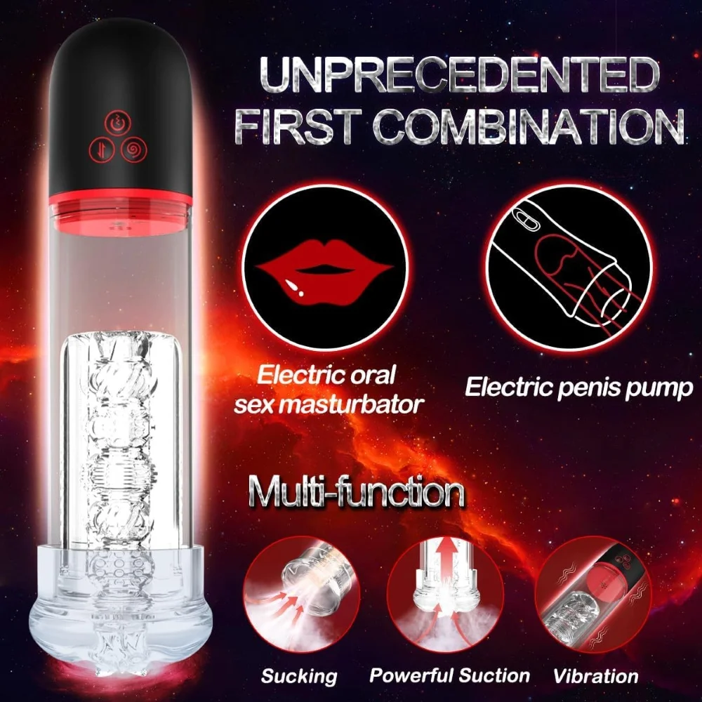 Multifunctional adult pleasure device featuring electric oral sex simulation and integrated penis pump functions.