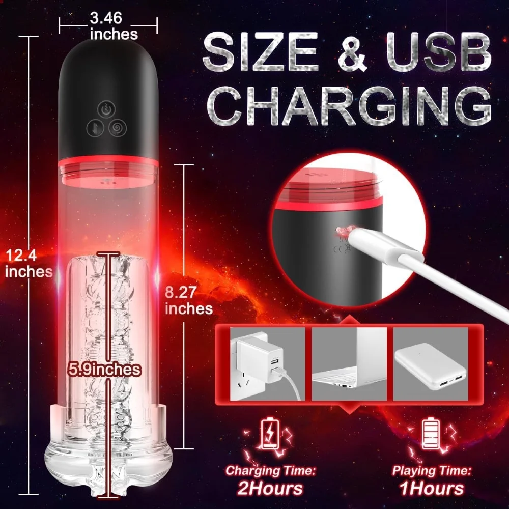 Product dimensions and USB magnetic charging details for the 12.4-inch transparent stroker with 2-hour charge time.