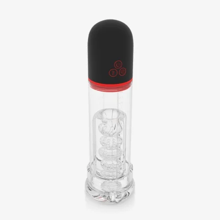 Studio shot of a sleek black and red electronic stroker featuring a clear cylinder and textured internal tunnel.