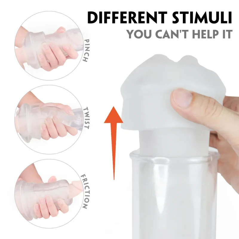 Close-up of manual techniques including pinch, twist, and friction on the soft, high-stretch silicone entry.