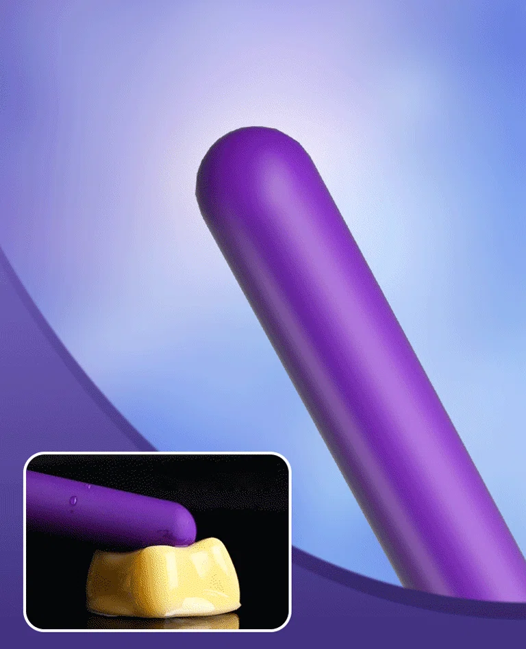 Close-up of the rounded tip of the purple clitoral stimulator, illustrating its soft-touch texture and precise targeting for external stimulation.