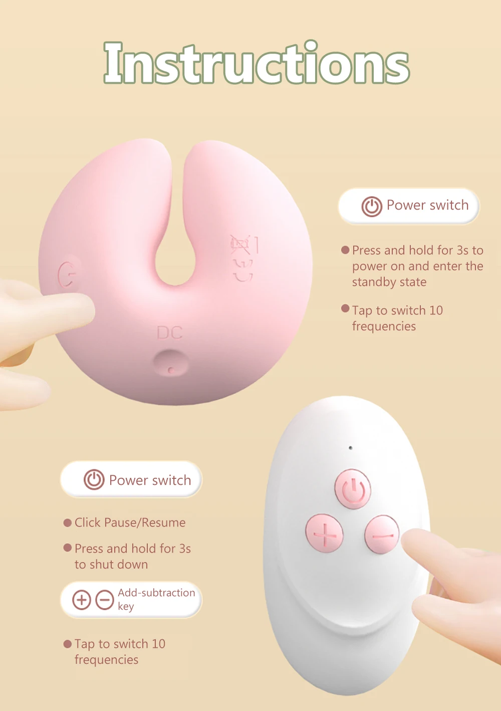 User manual infographic for the wearable clamp featuring 10 vibration frequencies and remote control instructions.
