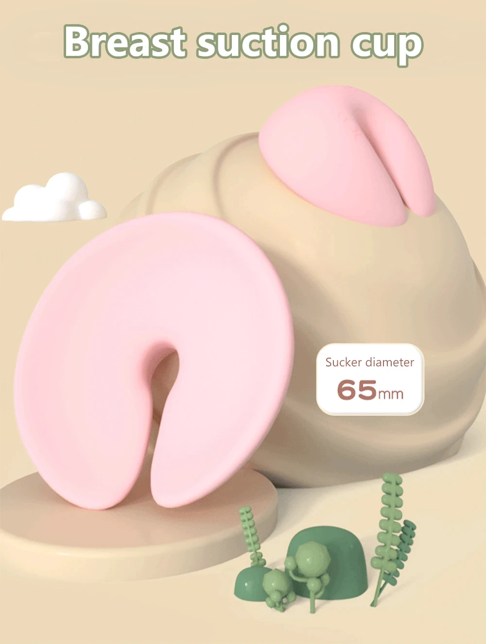 65mm diameter breast suction cup design highlighting the wide coverage area of the pleasure device.