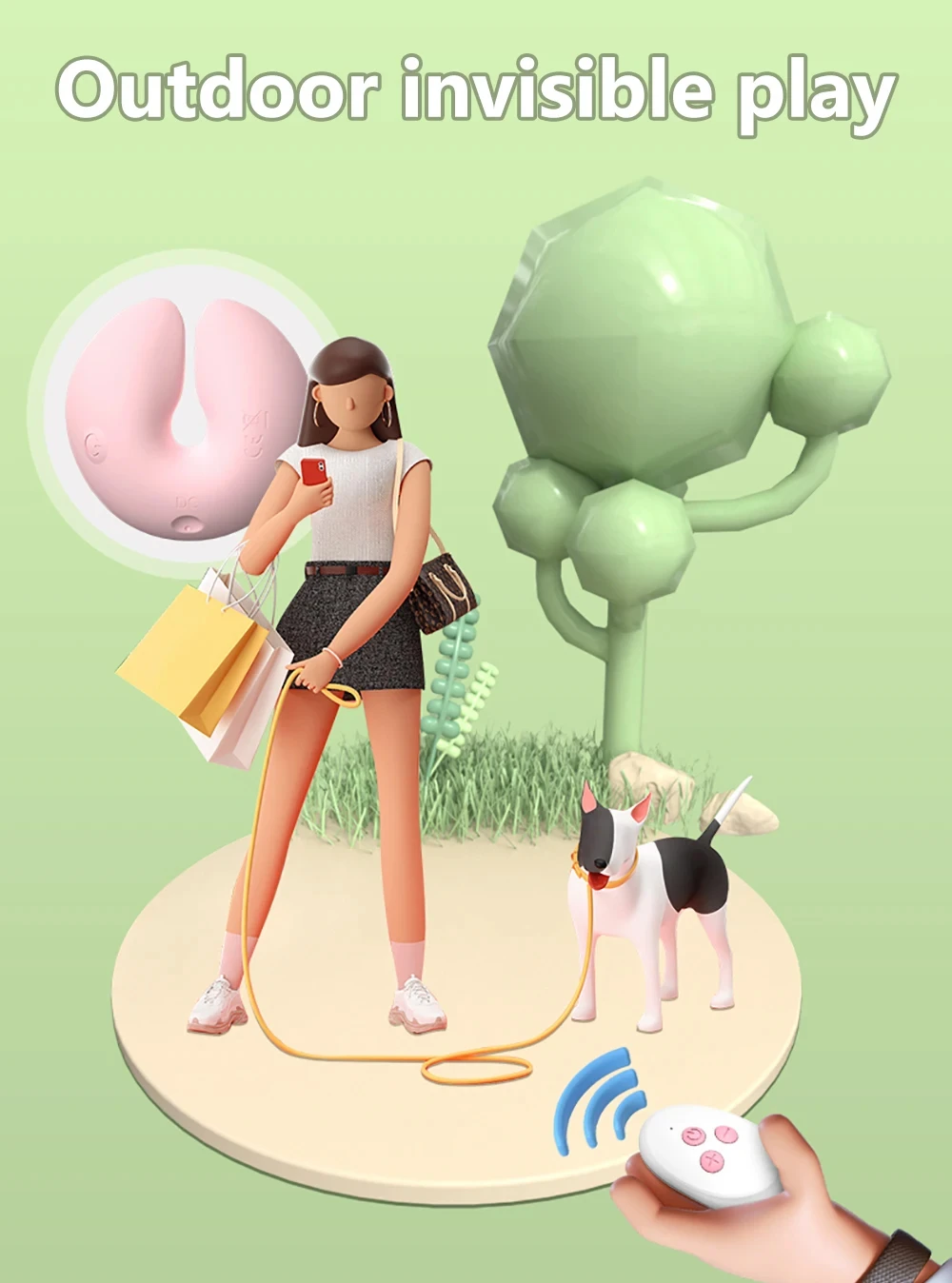 clamp-description-5.webp Lifestyle illustration of a woman shopping while using the discreet, remote-controlled wearable massager outdoors.