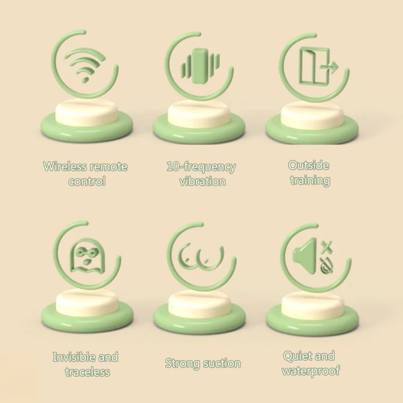 Feature icon set highlighting wireless control, 10-frequency vibration, outside training capability, and quiet, waterproof operation.