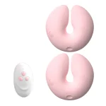 Pair of soft pink wearable nipple vibrators with a white three-button wireless remote control for hands-free stimulation.
