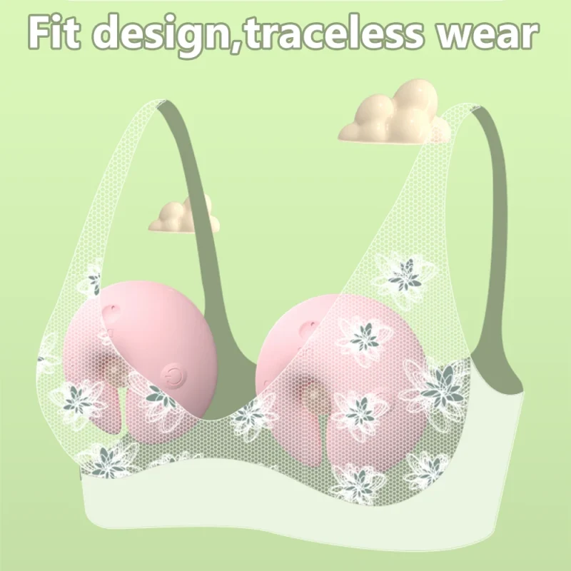 Discreet wearable stimulators shown inside a lace bra to illustrate the traceless, invisible fit for public or private use.