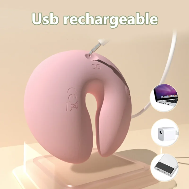 USB rechargeable adult toy showing the DC pin cable connecting to various power sources like a laptop, wall adapter, and power bank.