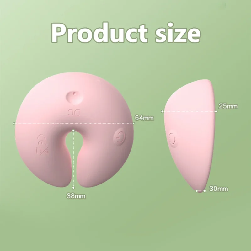 Product dimensions infographic showing the 64mm width and 38mm suction opening of the ergonomic wearable vibrator.