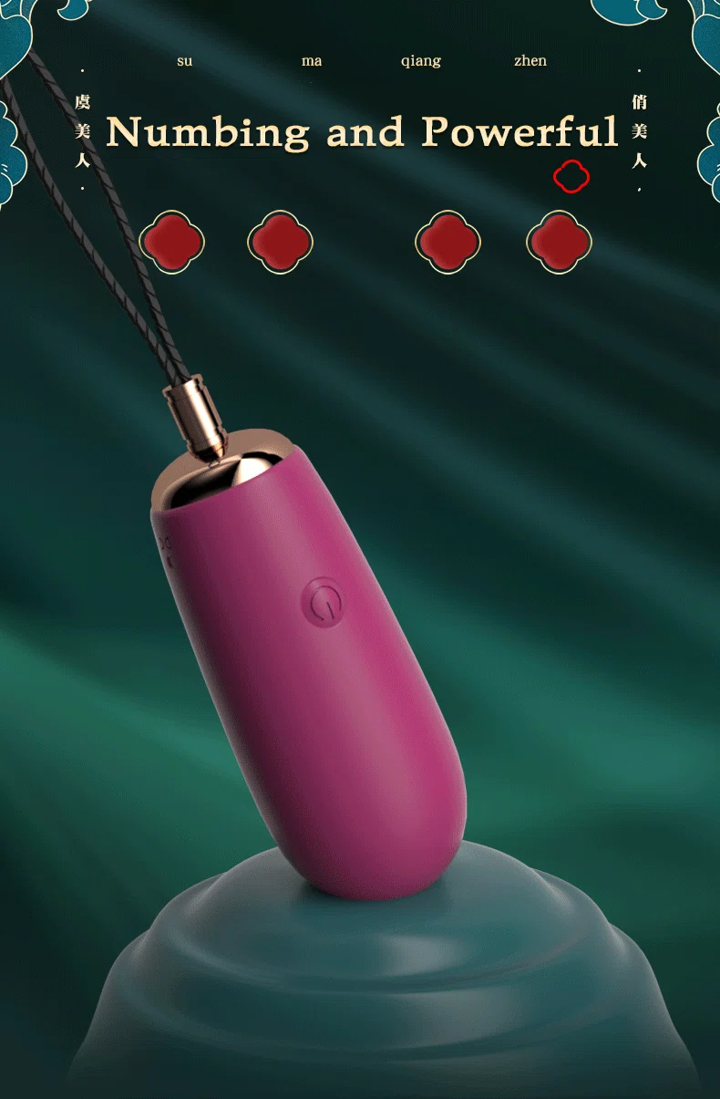 Close-up of the magenta-colored pleasure device highlighting its ergonomic shape and "Numbing and Powerful" vibration capabilities.