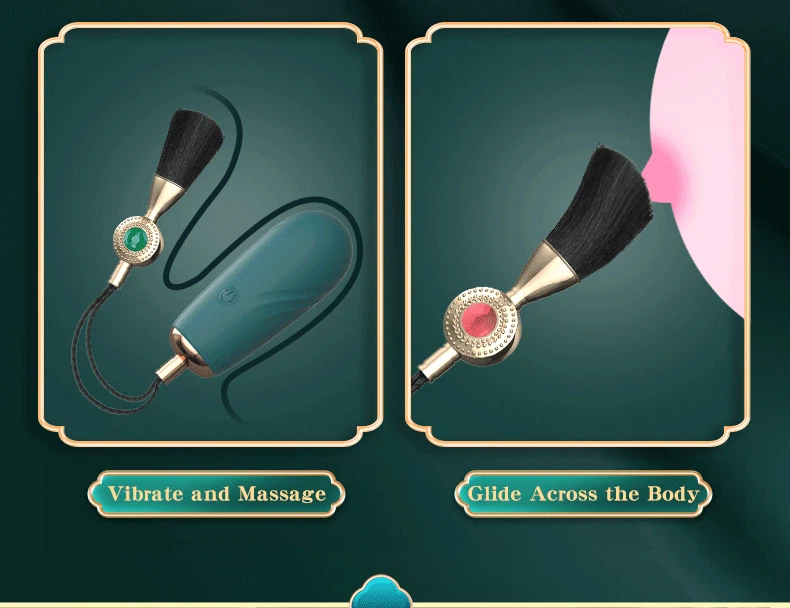 Dual-action functionality diagram showing the vibrating massage head and the soft flirting brush for targeted body stimulation.