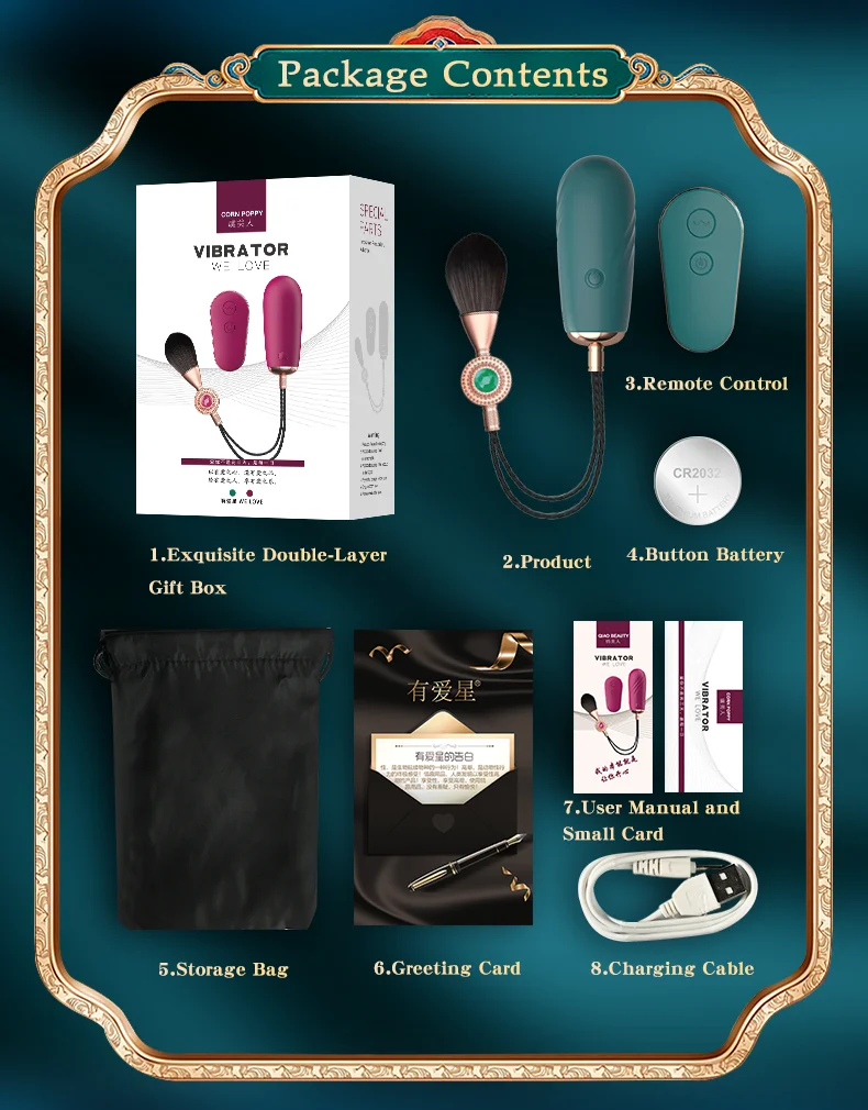 Comprehensive package contents including the double-layer gift box, remote control, storage bag, charging cable, and user manual.