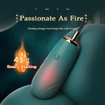 High-angle shot of the Yu Beauty intimacy device showcasing the "Passionate As Fire" smart heating element and 41°C temperature indicator.