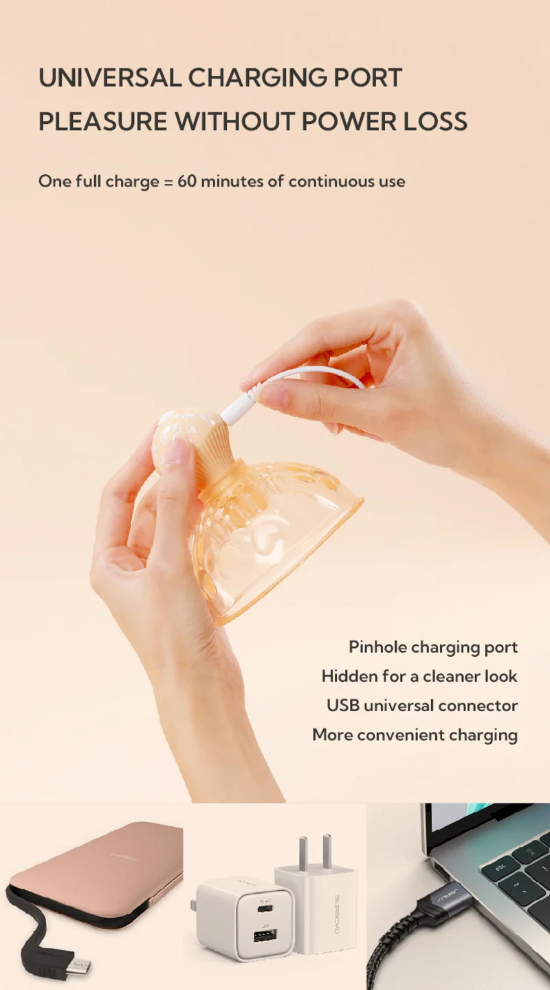 Rechargeable cat paw nipple massager infographic showing USB charging port, hidden pinhole connector, and 60 minutes of use