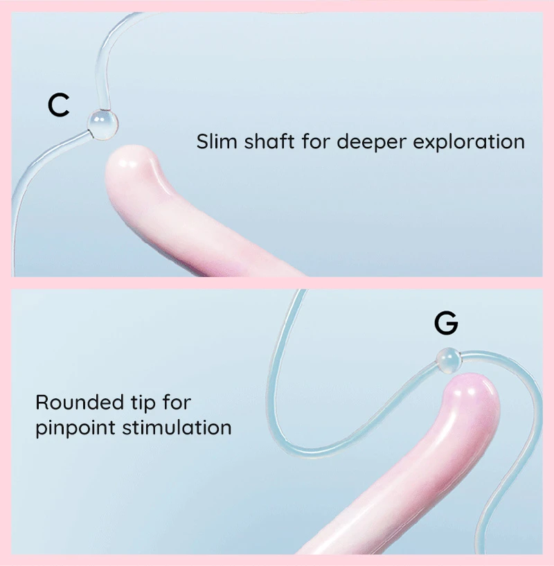 Curved pink g spot vibrator with slim shaft and rounded tip