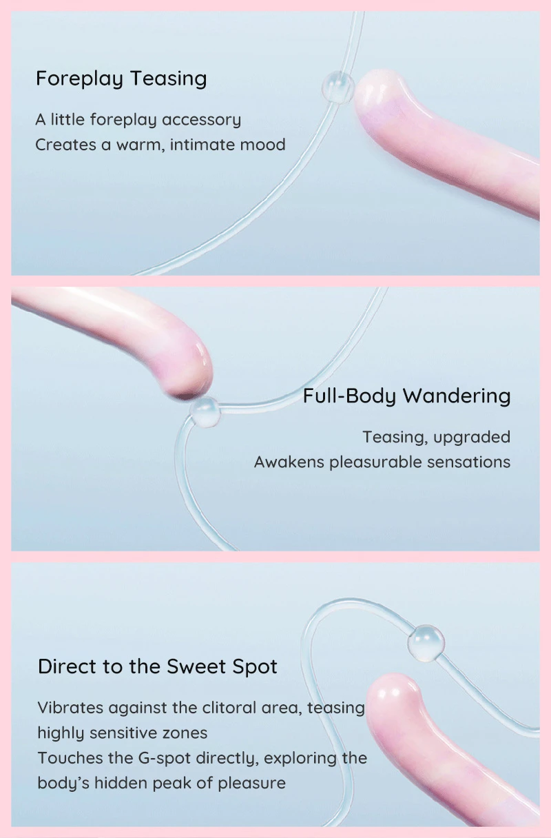 Curved G-spot vibrator detail with teasing tip close-up and text