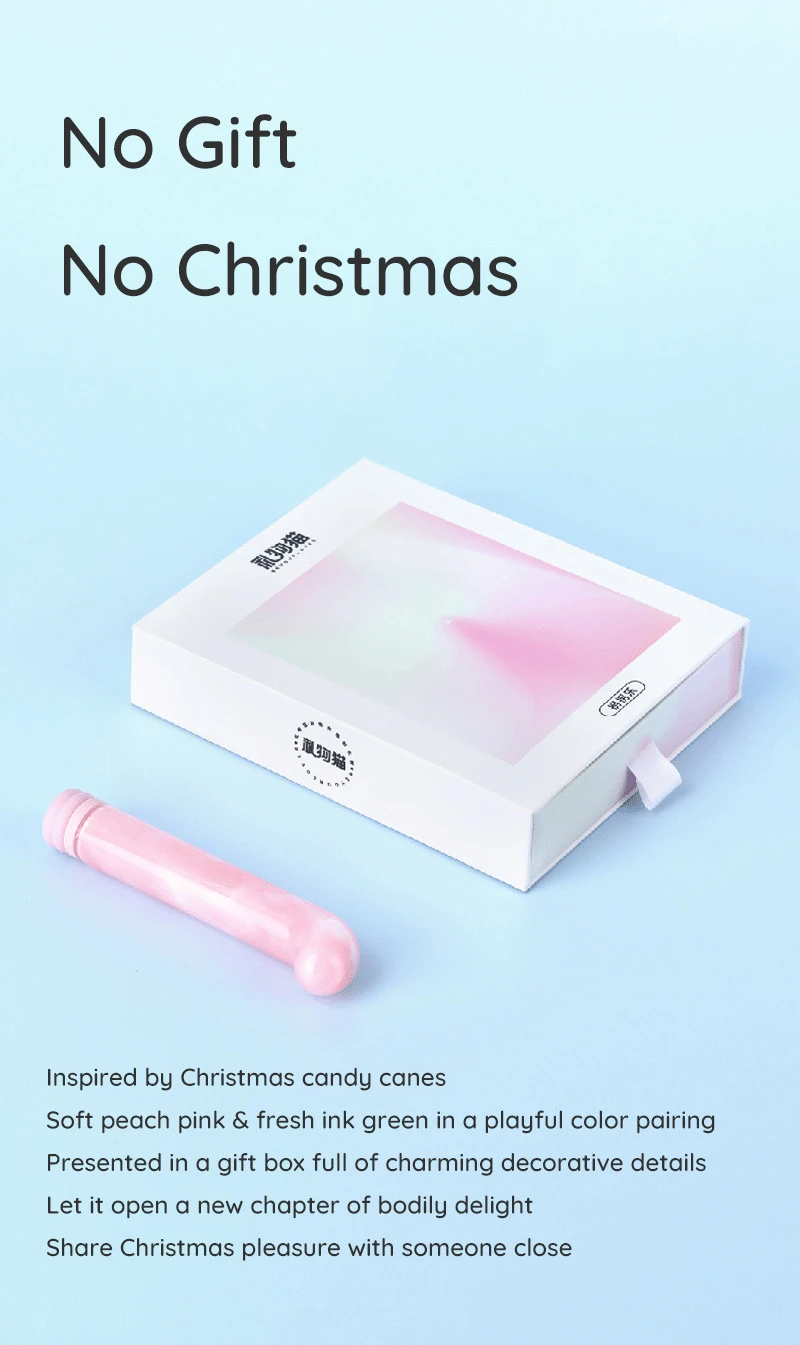 Pink curved vibrator with white gift box on blue background