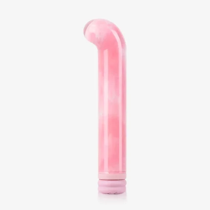 Curved pink glass G-spot vibrator with rounded tip