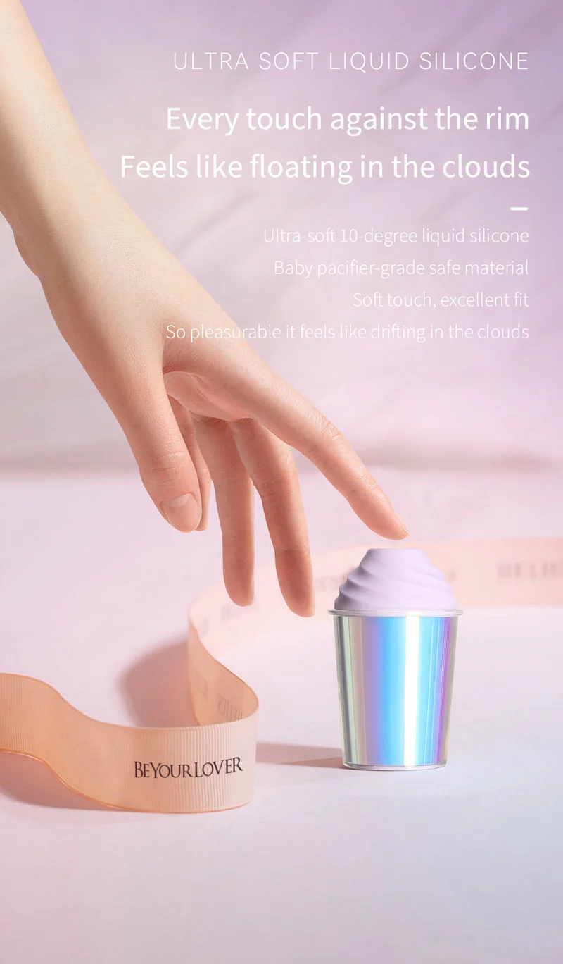 Close-up of ultra-soft liquid silicone rim on an iridescent mini cup clitoral stimulator with gentle-touch design