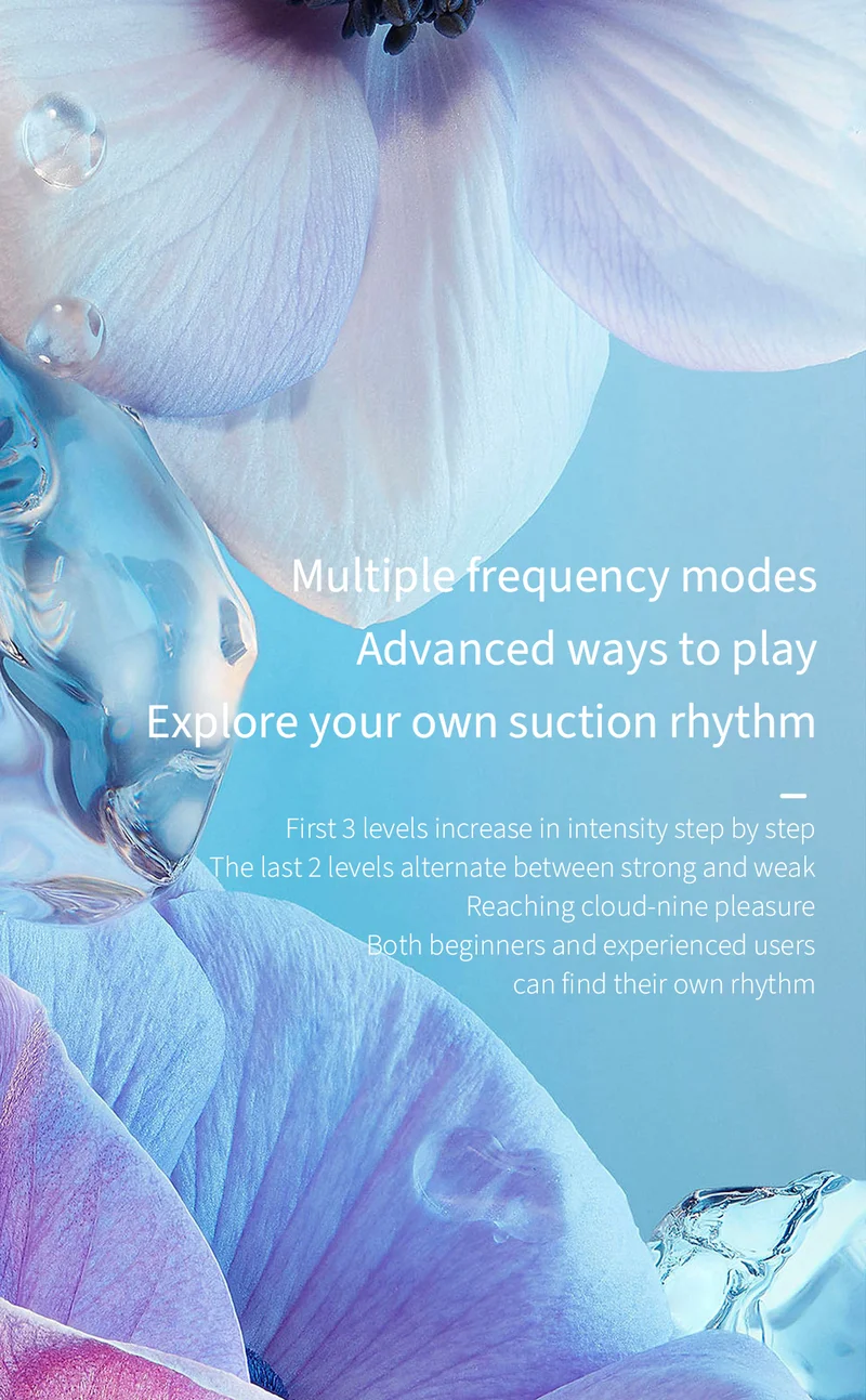 Multi-frequency suction mode infographic for a compact adult pleasure device with beginner-friendly intensity levels