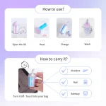 How to use and carry infographic for a rechargeable mini cup sex toy with heating, charging, and washing steps