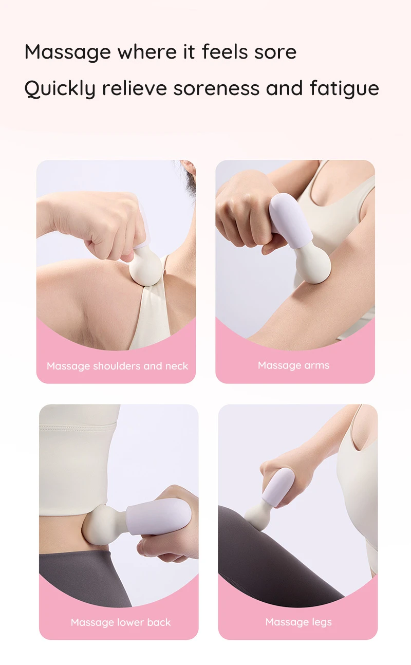 portable mini massage gun infographic showing shoulder arm lower back and leg muscle relief use