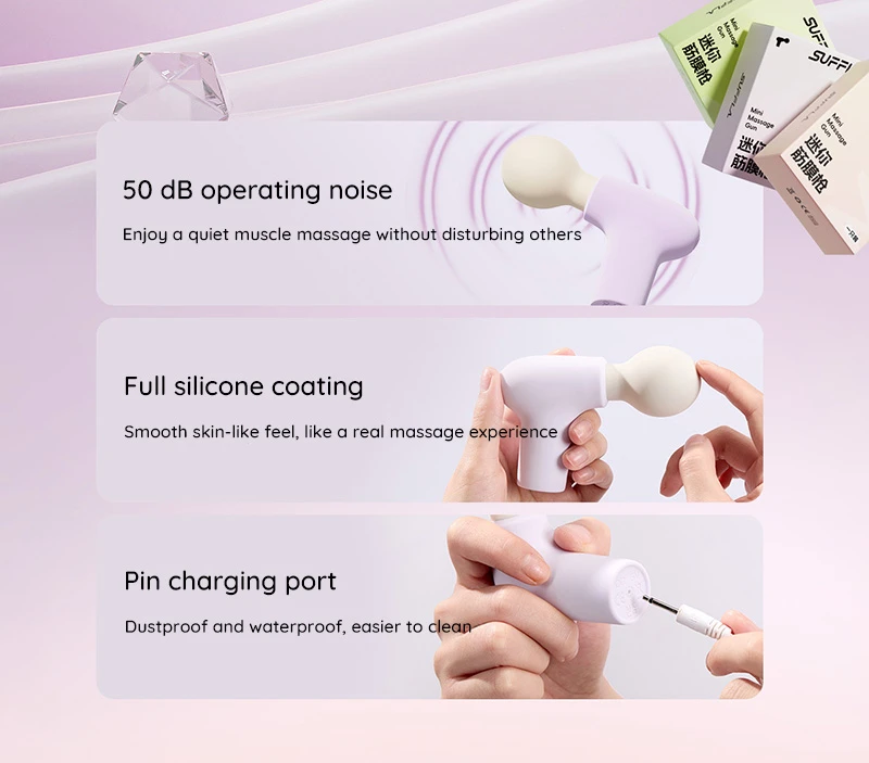 quiet mini percussion massage gun with soft silicone body and pin charging port detail chart