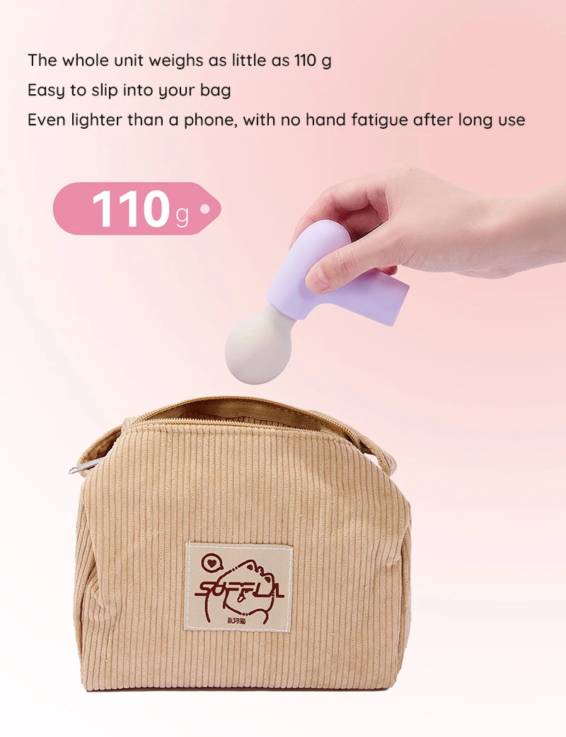 travel friendly mini massage gun with 110g lightweight design shown above cosmetic bag