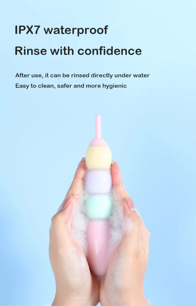 IPX7 waterproof modular bead vibrator being rinsed with foam for easy cleaning and hygienic care