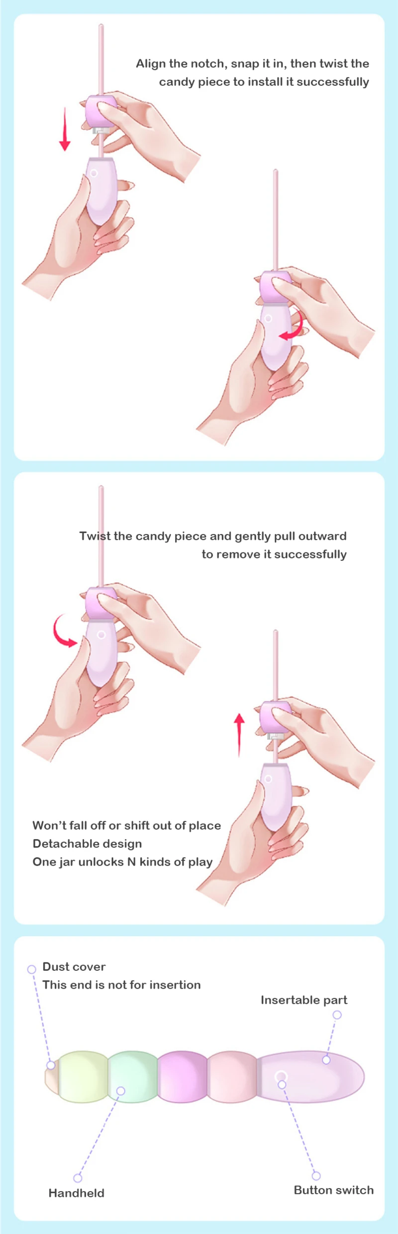 Modular bead vibrator instruction graphic showing twist-lock assembly, detachable parts, dust cover, and button controls