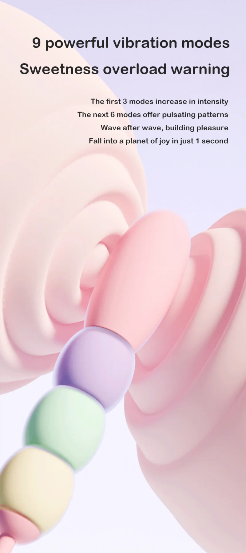 Pastel silicone bead vibrator infographic featuring 9 vibration modes and flexible modular pleasure device design