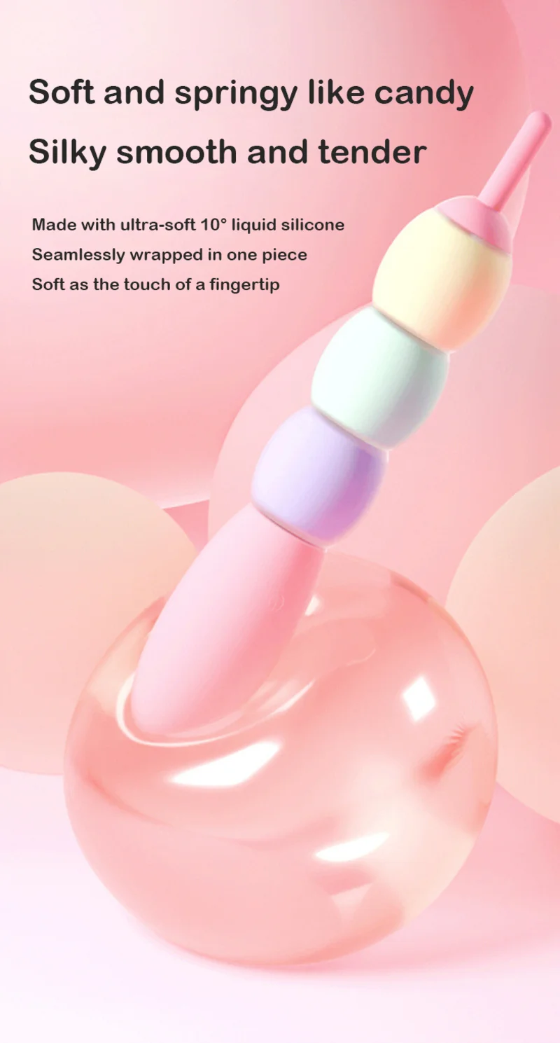 Soft silicone modular vibrator with candy-colored bead segments highlighting smooth texture and body-safe material