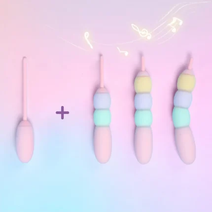 Modular candy bead vibrator set showing base bullet module plus multiple pastel attachment combinations