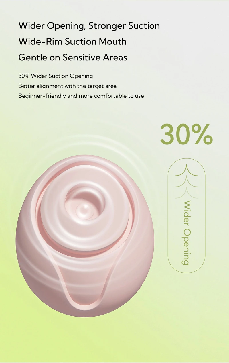 Close-up of clitoral suction vibrator with wider opening design graphic