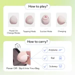Instructional graphic showing peach clitoral vibrator modes, charging, and portable carry info