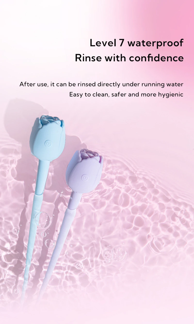 Rose bud teasing vibrator infographic showing Level 7 waterproof design and easy rinse cleaning for hygienic adult toy care