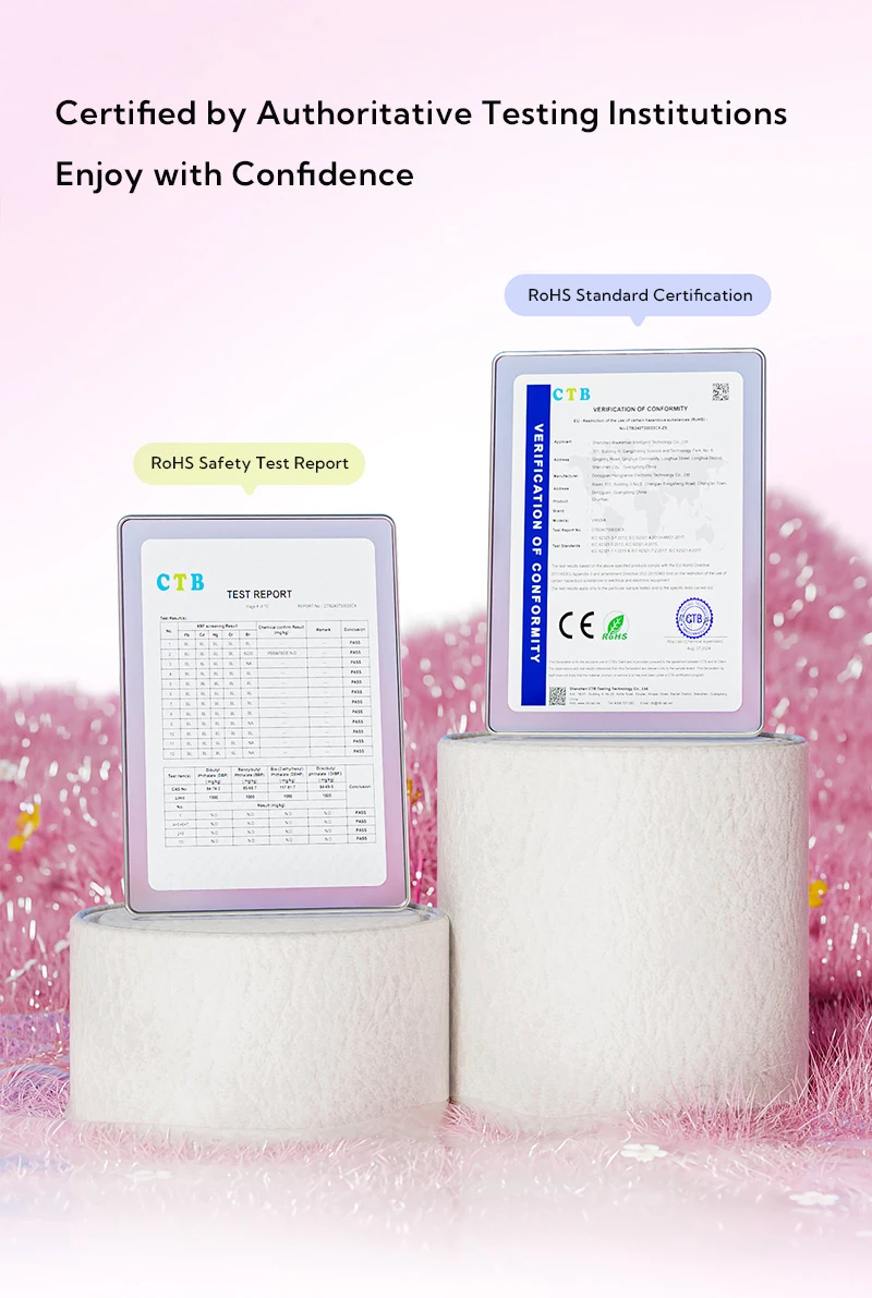 Rose bud pleasure device certification image with RoHS safety test report and quality compliance documents