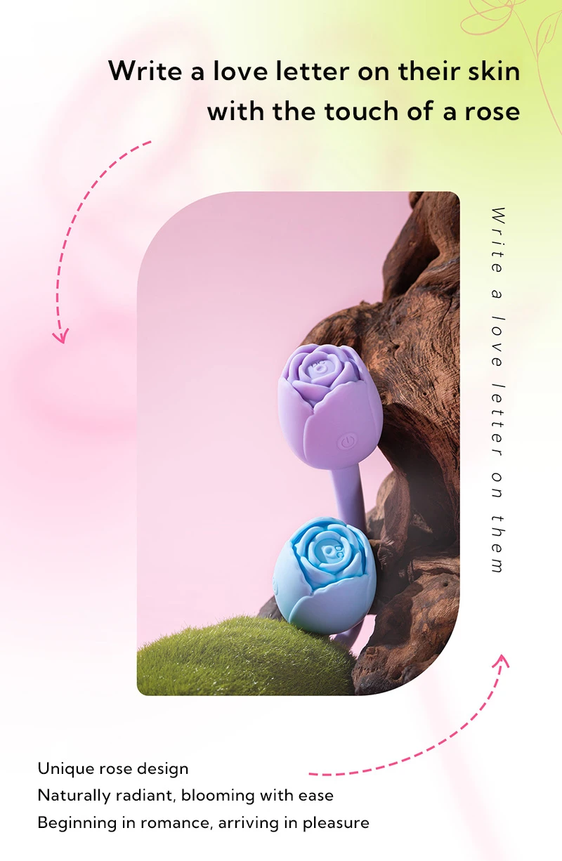 Floral rose shaped vibrator lifestyle image highlighting romantic design, elegant styling, and soft pastel color options