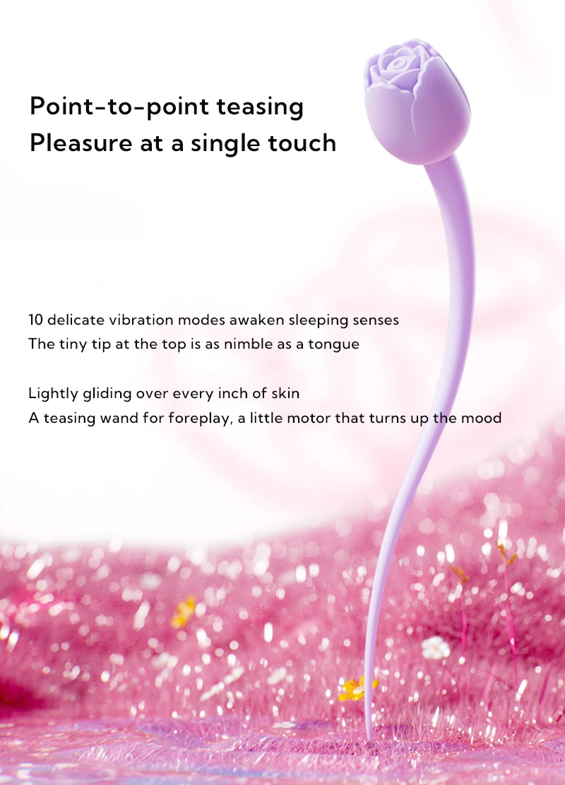 Flexible rose bud teasing wand with 10 vibration modes and slim tip for targeted sensual stimulation