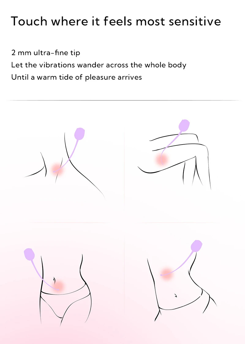 Precision tip vibrator diagram showing sensitive area teasing with ultra-fine flexible touchpoint for body exploration
