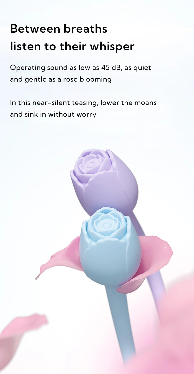 Quiet rose bud vibrator infographic showing low noise operation for discreet intimate moments and relaxing use
