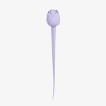 Upright lavender rose bud intimacy device with long flexible handle on clean white background